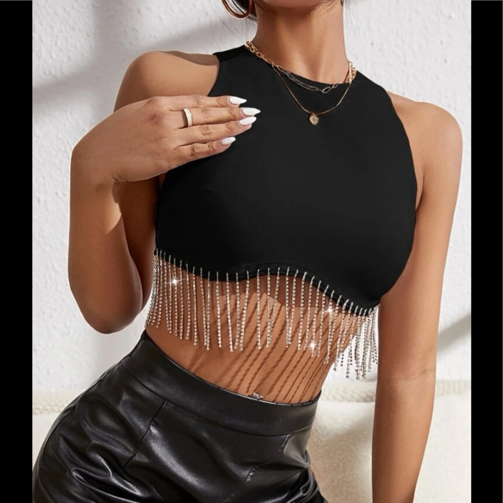 Rhinestone tassel crop top bustier style